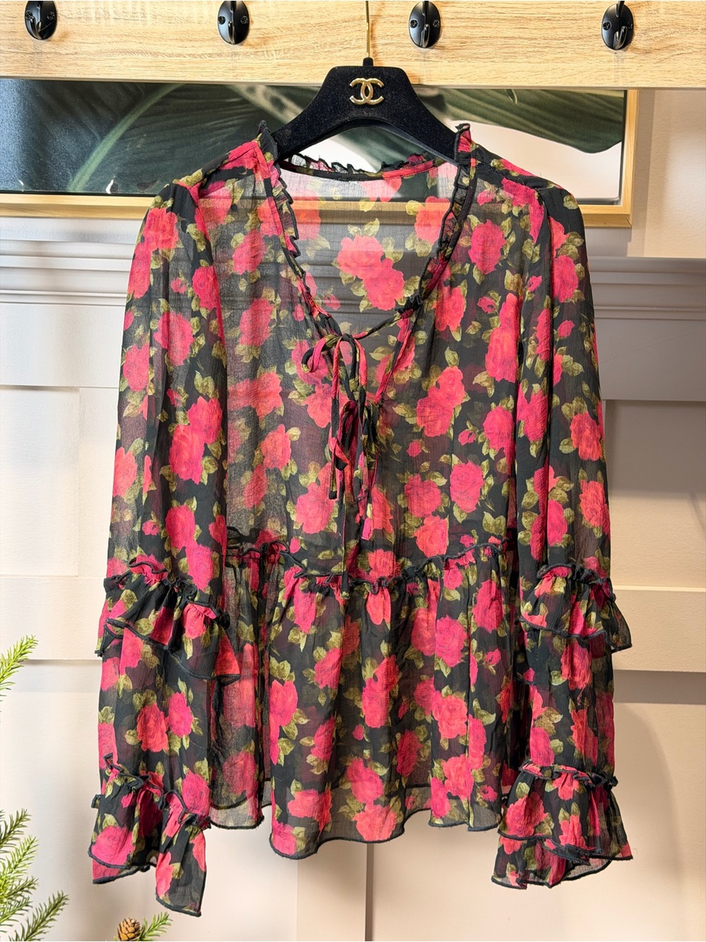 American Eagle Dark Floral Babydoll Sheer Top Black Pink Ruffle Boho Peasant M